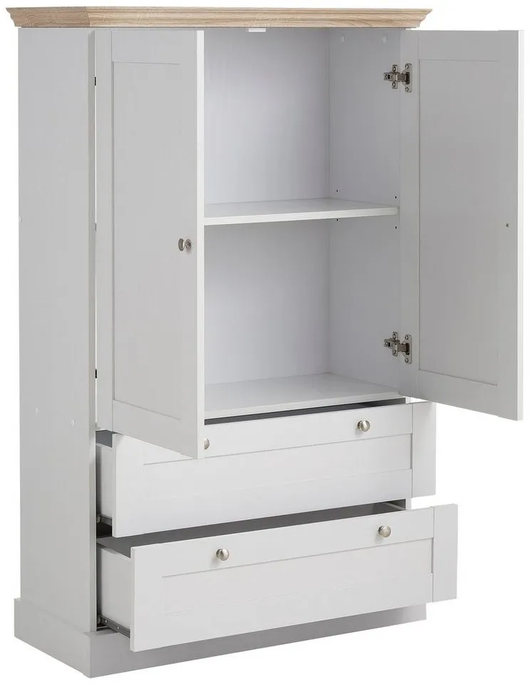 OTTO home Kleiderschrank Binz, Wäscheschrank, Mehrzweckschrank, skandinavischer Landhausstil (B/H/T ca. 84/130/35 cm) viele Stauraummöglichkeiten, Metallgriffe, Türen mit Rahmen/ Kassetten, Weiß, – Produktbild 5 von 5