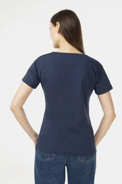 Evermind Evermind Damen T-Shirt mit umgeschlagenen Ärmeln, Dunkelmarine, – Produktbild 3 von 4