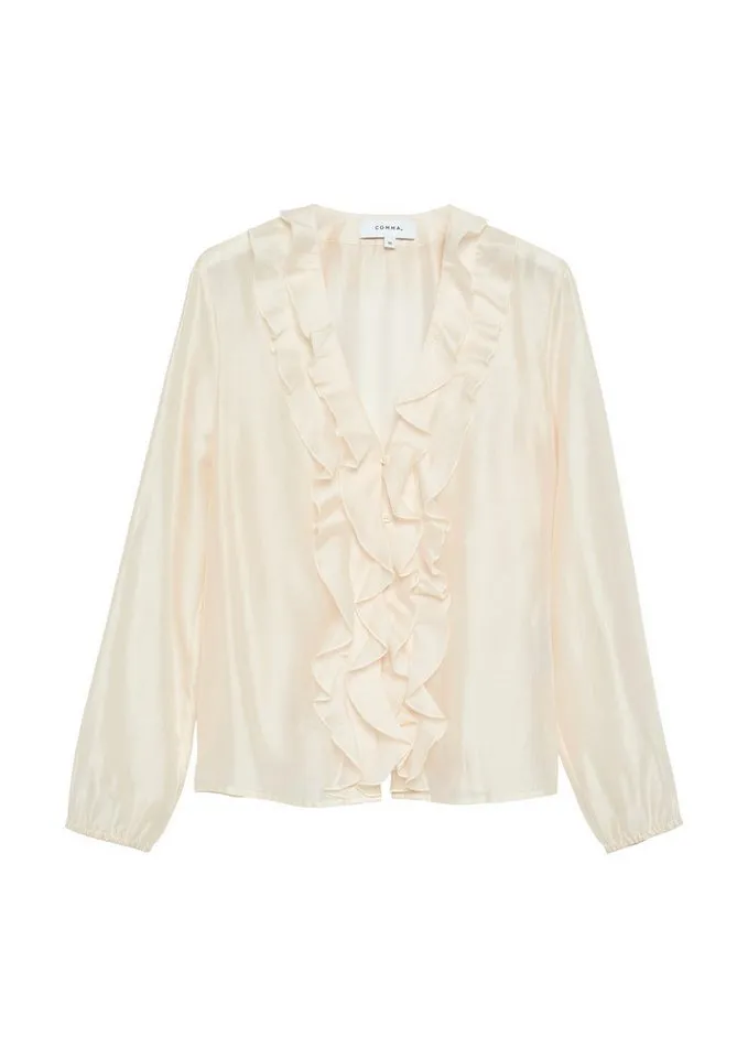 comma comma Langarmbluse Bluse Lyocell-Bluse mit Volants, Beige, – Produktbild 2 von 5