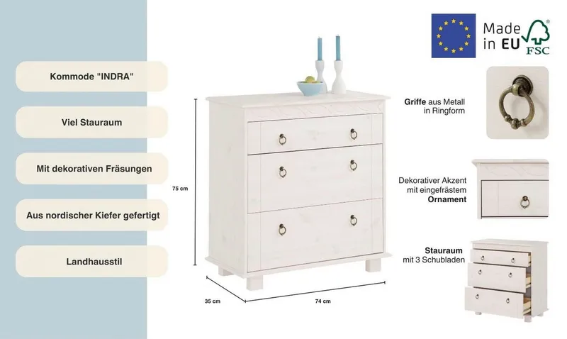 OTTO home Kommode Indra Sideboard (B/T/H: 74/35/75 cm), 74 cm breit, Weiß, – Produktbild 4 von 5