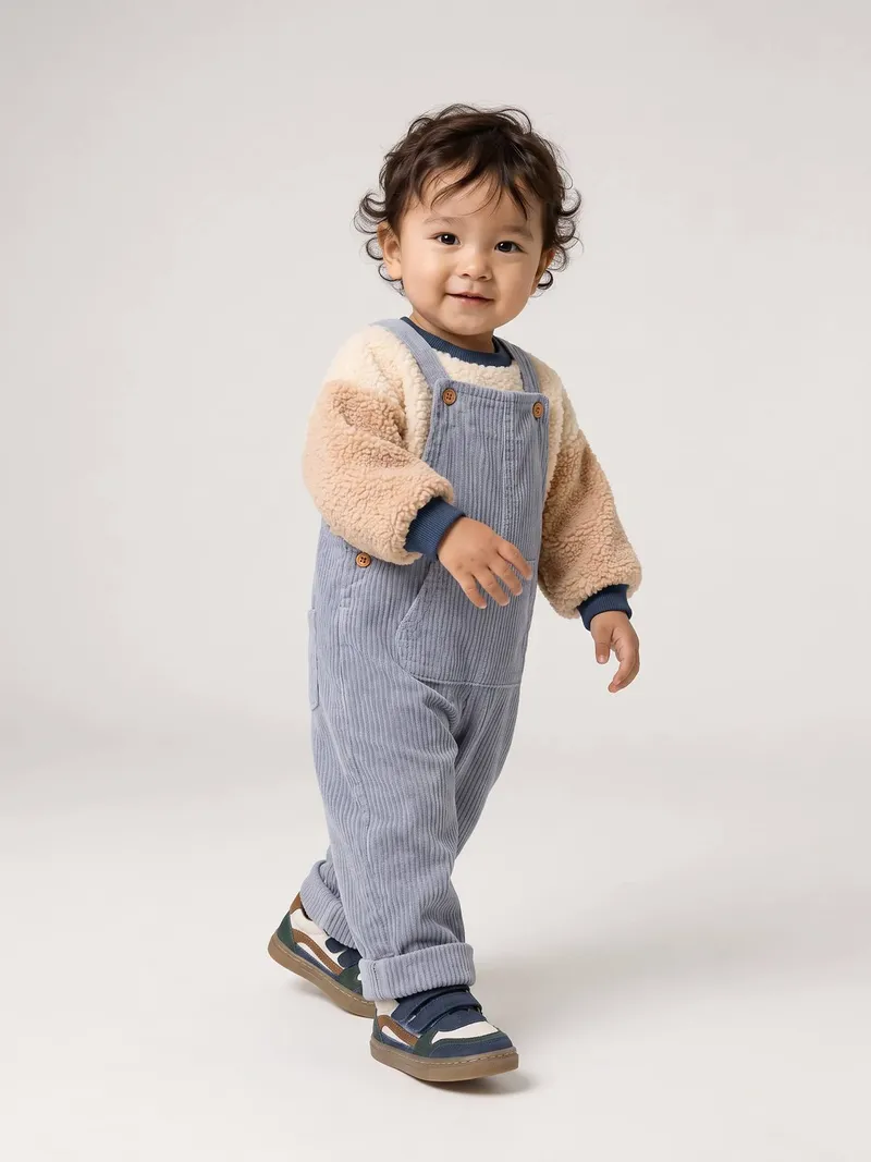 Vertbaudet Vertbaudet Baby-Set aus Teddyfleece-Pullover und Cord-Latzhose, Graublau, – Produktbild 1 von 4