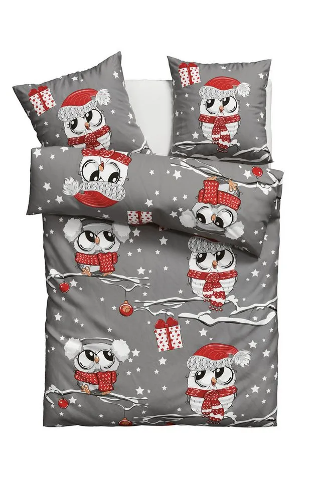 OTTO home Bettwäsche Janina Weihnachtsbettwäsche ab Gr. 135x200, Linon, 2 teilig, 100% Baumwolle, mehrere Winterdesigns für Weihnachten: Eule, Teddy, Grau, – Produktbild 2 von 7