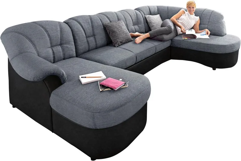 DOMO collection Wohnlandschaft FLORES 293x180x86 cm, hochwertig, komfortabel, U-Form, 3 Teile, wahlw. mit Bettfunktion, wahlw. mit Federkern, Unser Dauertiefpreis, Schwarz|silberfarben, – Produktbild 3 von 8