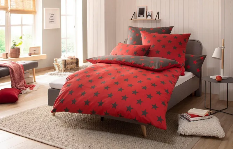 OTTO home Wendebettwäsche STELLA, Biber, 2 teilig, Bettwäsche mit Sternen, Weihnachten, Winter, Rot, – Produktbild 2 von 6