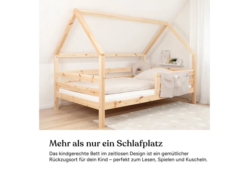 Ehrenkind Hausbett Sona aus FSC®-zertifiziertem Kiefernholz, höhenverstellbar (90x200 cm mit Doppelschublade, inkl. Rollrost und abnehmbarem Rausfallschutz), 2-in-1 Bett – bodentief oder in Standardhöhe aufbaubar, Natur, – Produktbild 2 von 5