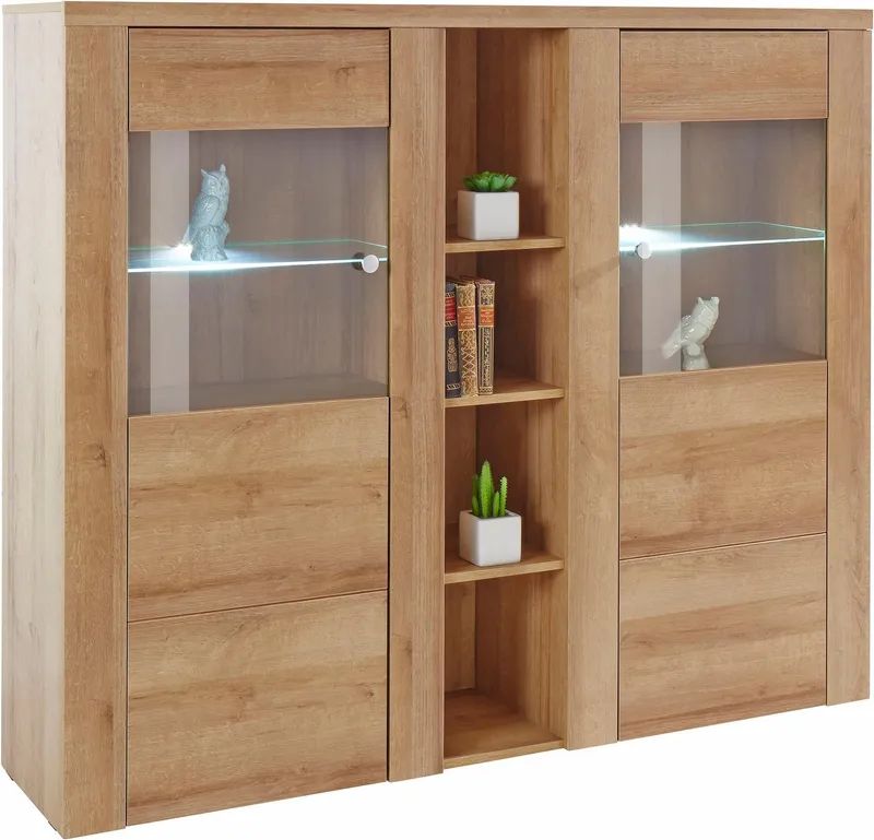 OTTO home Highboard Larona, zeitlose Hochkommode mit 2 Türen, Türkommode, Höhe 129,5 cm, Anrichte mit dekorative Rahmenoptik, Türen mit Glaseinsatz, Beige, – Produktbild 1 von 4