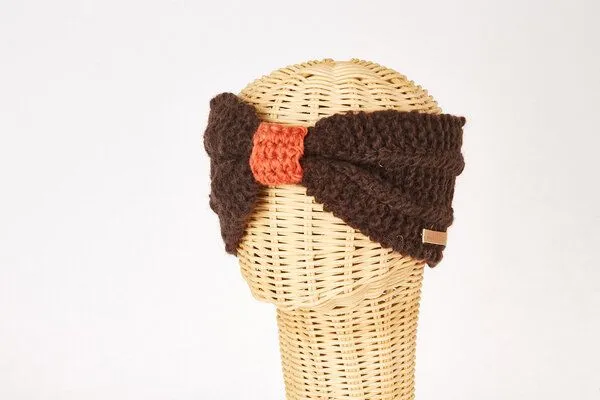 short'n'pietz short'n'pietz Schurwollstirnband zweifarbig mit Knoten, handgestrickt, Dunkelbraun rostrot, – Produktbild 1 von 1