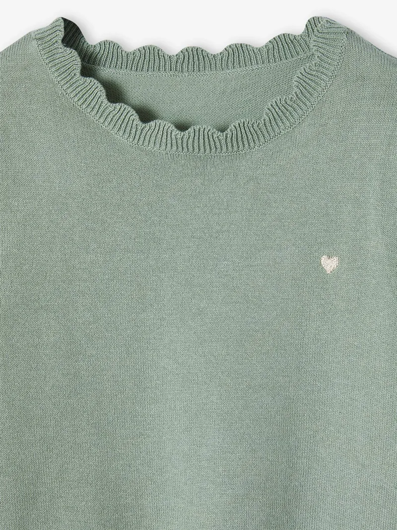 Vertbaudet Mädchen Pullover mit Herz-Stickerei & Wellenausschnitt BASIC, Graugrün, – Produktbild 3 von 3