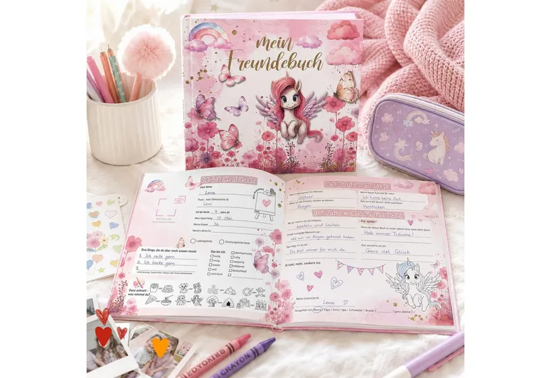 TOBJA Poesiealbum Freundebuch Grundschule Einhorn 21x21 cm - 32 Freunde, 9 Erwachsene, Einhorn-Motiv, 92 Seiten, 30 Doppelseiten, FSC®-Papier – Produktbild 3 von 5