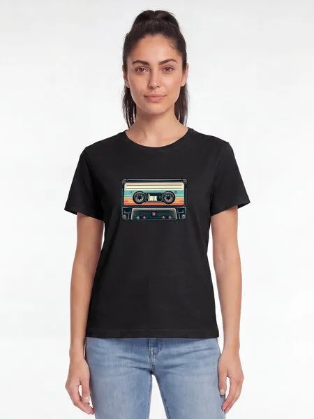 watapparel watapparel T-Shirt Frauen Retro Kassette, Black, – Produktbild 2 von 2