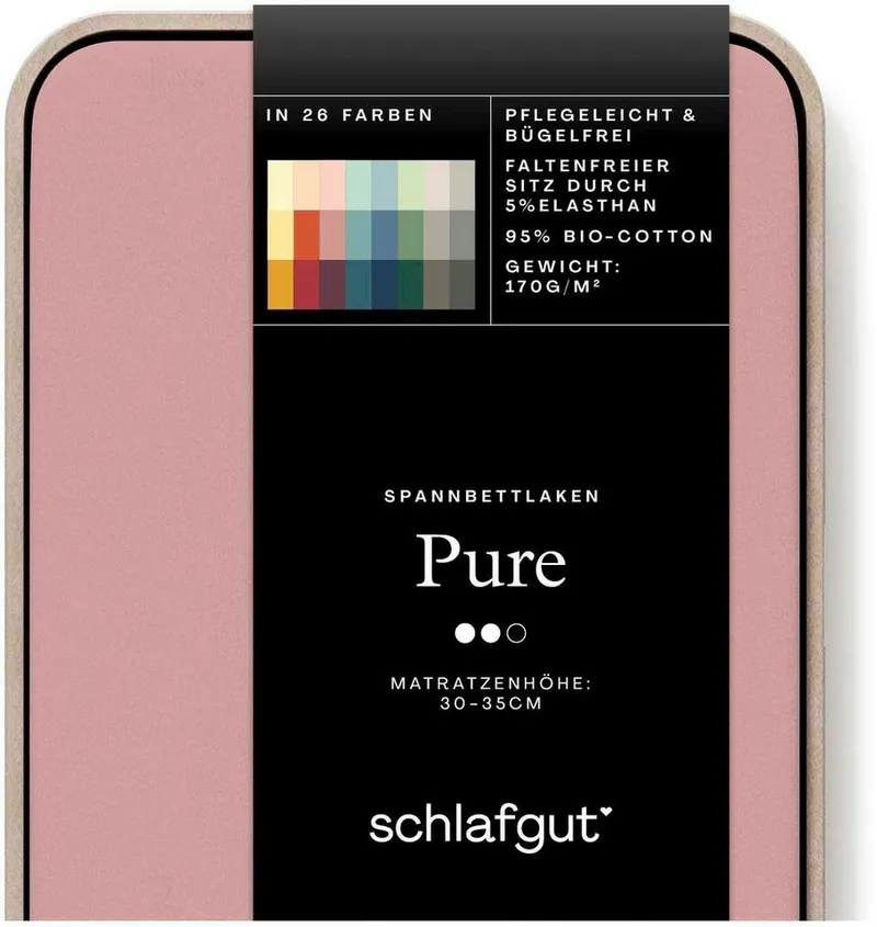 Schlafgut Schlafgut Spannbettlaken PURE Bio-Baumwolle mit Elasthan, 170 g/m², Bettlaken, Spannbetttuch, Jersey, Gummizug: rundum, (1 Stück), PREMIUM Laken für Matratzen bis 30cm Höhe, dehnbar blickdicht, straff, Lila, – Produktbild 4 von 4