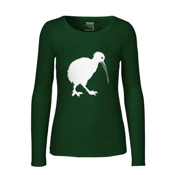 HANDGEDRUCKT HANDGEDRUCKT "Kiwi" Frauen Longsleeve aus reiner Biobaumwolle (kbA), Bottle green, – Produktbild 1 von 3