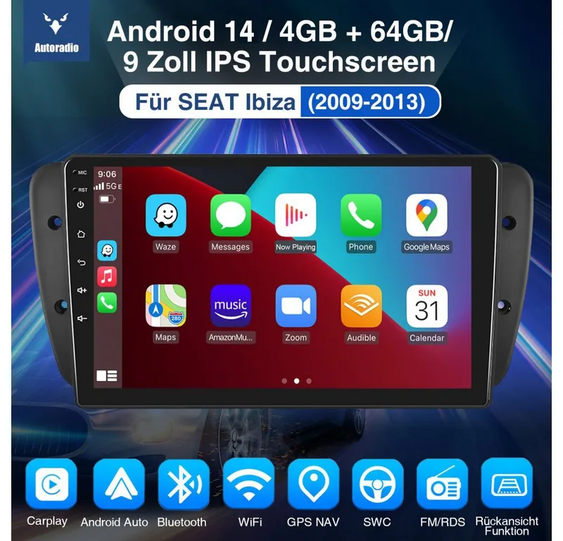 ESSGOO 64/128G Für Seat Ibiza IV 6J 2009-13 Android 15 Carplay GPS Navi RDS Autoradio (RDS, 4+64GB(optional), FM, AM, DAB+ (optional), GPS Navi Android Auto Bluetooth EQ USB WIFI IPS Touchscreen), Schwarz, – Produktbild 2 von 5