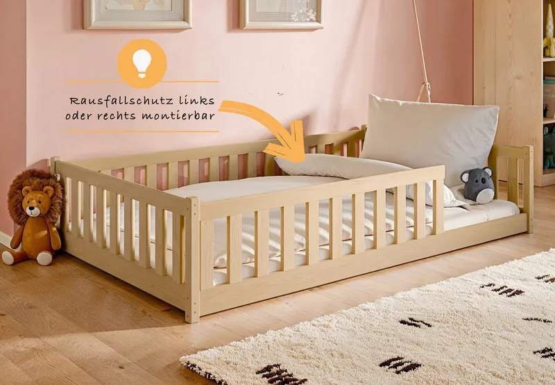 Kids Collective Kinderbett Bodenbett Bett mit Rausfallschutz & Lattenrost Montessori Bett Kinder (Jungen, Mädchen, Kinder, weitere Größen 80x160, 80x180, 90x190, 90x200, 140x200 cm), Jugendbett Gitterbett Einzelbett, Natur Kiefer 120x200 cm, Beige, – Produktbild 4 von 5