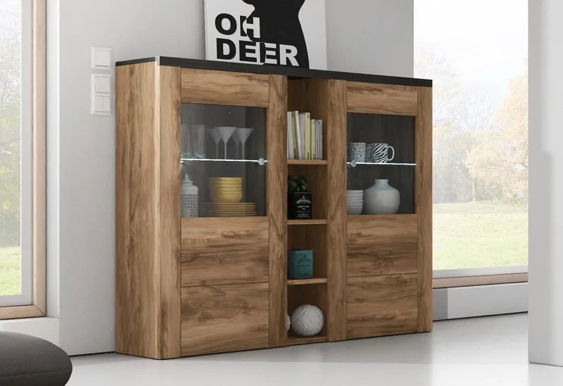OTTO home Highboard Larona, zeitlose Hochkommode mit 2 Türen, Türkommode, Höhe 129,5 cm, Anrichte mit dekorative Rahmenoptik, Türen mit Glaseinsatz, Braun, – Produktbild 7 von 8