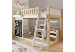Merax Hochbett (1-St., Jugendbett Einzelbett) Kinderbett 90x200cm mit Tafel, Leiter, Aufbewahrungsbox & Stauraum – Produktbild 1 von 1