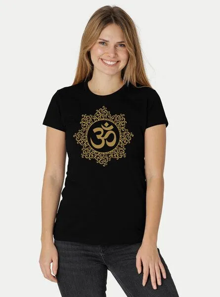 Peaces.bio - handbedruckte Biomode Peaces.bio - handbedruckte Biomode Bio-Damen-T-Shirt "Classic Om", Schwarz, – Produktbild 2 von 2