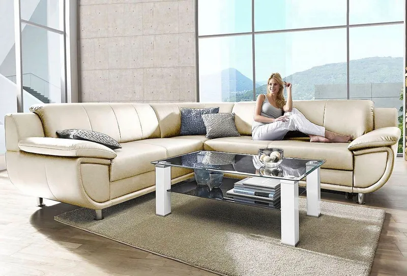 TRENDMANUFAKTUR Ecksofa Rondo 267 cm, elegant, bequem, Breite, L-Form, Chromfüße, L-Form, wahlw.mit Federkern, Füße chromfarben, Unser Dauertiefpreis, Beige, – Produktbild 3 von 5