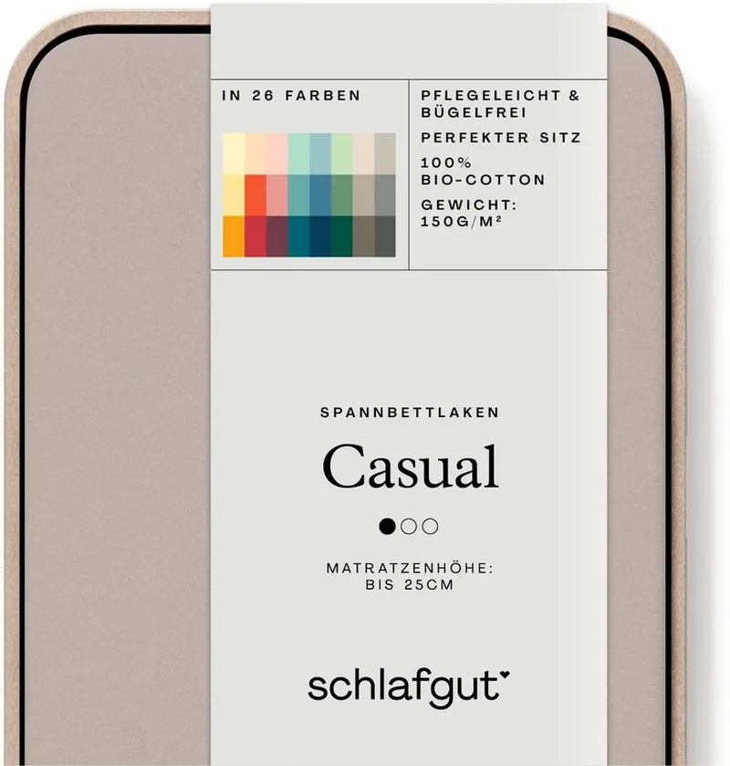 Schlafgut Schlafgut Spannbettlaken CASUAL Bettlaken 100% gekämmte Bio-Baumwolle, 150 g/m², Spannbetttuch, Jersey, Gummizug: rundum, (1 Stück), Bettlaken bis 25 cm Höhe, langlebig, weich, Antipilling-Ausrüstung, Braun, – Produktbild 3 von 5