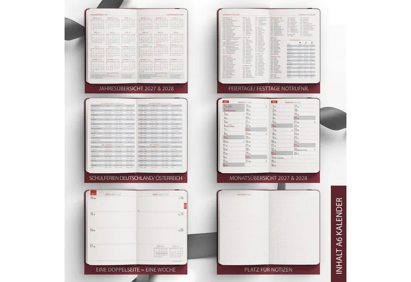 TOBJA Taschenkalender Taschenkalender 2027 A6 Schwarz Hardcover 1 Woche 2 Seiten FSC, Blindprägung, 2 Lesebändchen, Gummiband, FSC, A6, Schwarz, – Produktbild 5 von 5