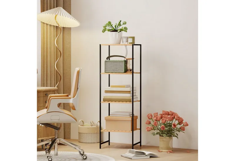 HOMCOM HOMCOM Standregal Badregal mit 4 Ablagen, 36,5x33x110cm, Natur, Aufbewahrungsregal 1-tlg., für Wohnzimmer, Schlafzimmer, Beige, – Produktbild 1 von 5