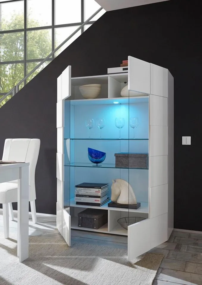 Home affaire Vitrine Dama Höhe 166 cm, Breite 121 cm, Stauraumvitrine mit 2 Türen, Standvitrine - Front in 3D-Optik, viel Stauraum, verschiedene Farben, Weiß, – Produktbild 5 von 5