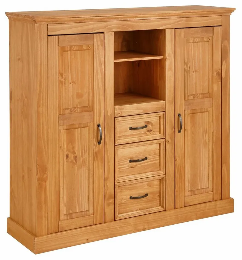 OTTO home Highboard Selma Kommode mit 2 Türen, 3 Schubläden und 8 Fächer, Metallgriffe, massives Kiefernholz, natürliche Maserung & Metallgriffe, 130cm breit, Beige, – Produktbild 2 von 5