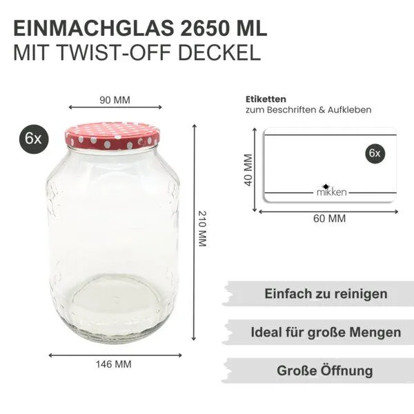 mikken mikken Große Einmachgläser 2650 ml Vorratsgläser mit Deckel (TO100) – Produktbild 2 von 2