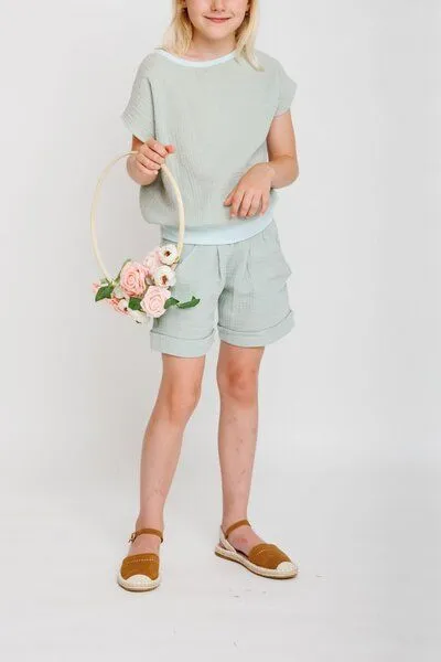 Babbily Babbily Kinder Sommer Shorts mit Komfortbund - Bio-Musselin, Grün minze, – Produktbild 2 von 4