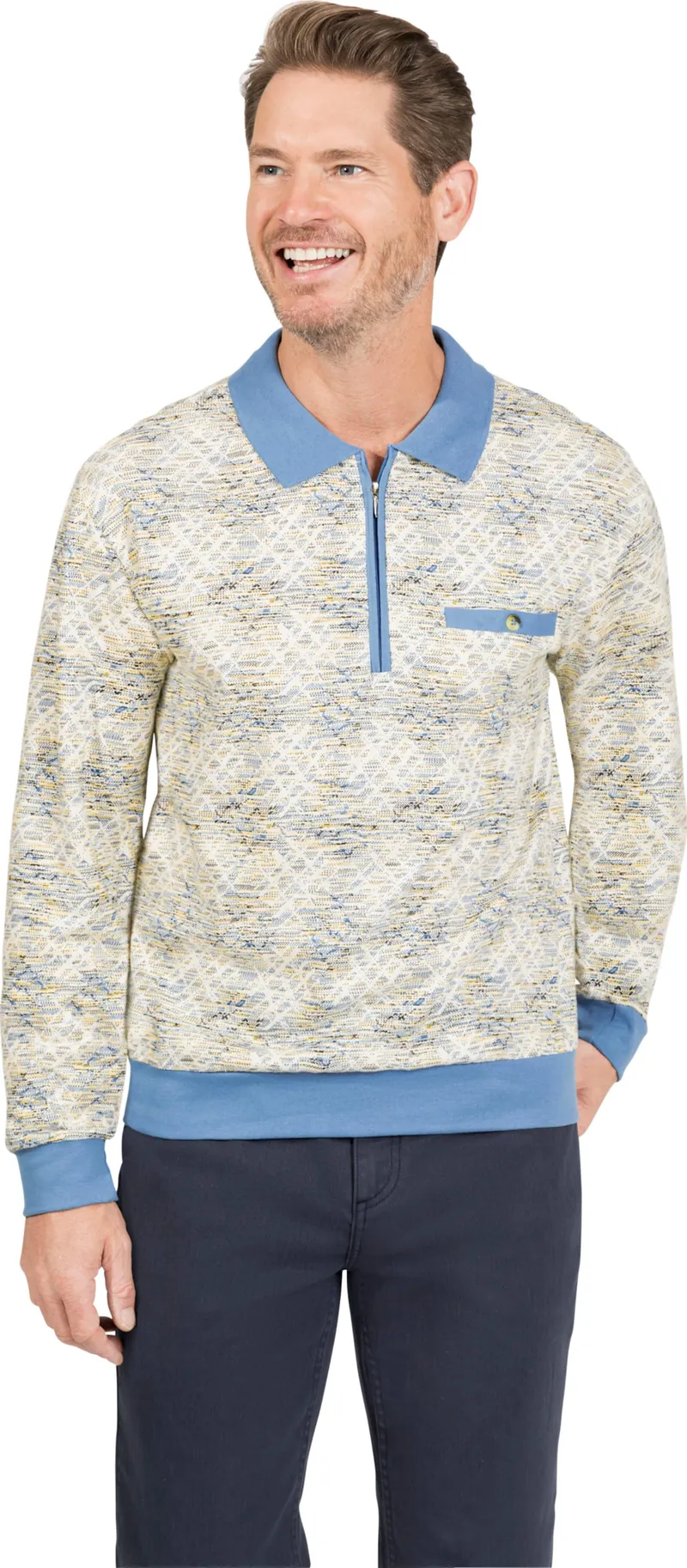 marco donati Langarm-Poloshirt mittelblau-bedruckt, Mittelblau-bedruckt, – Produktbild 2 von 2