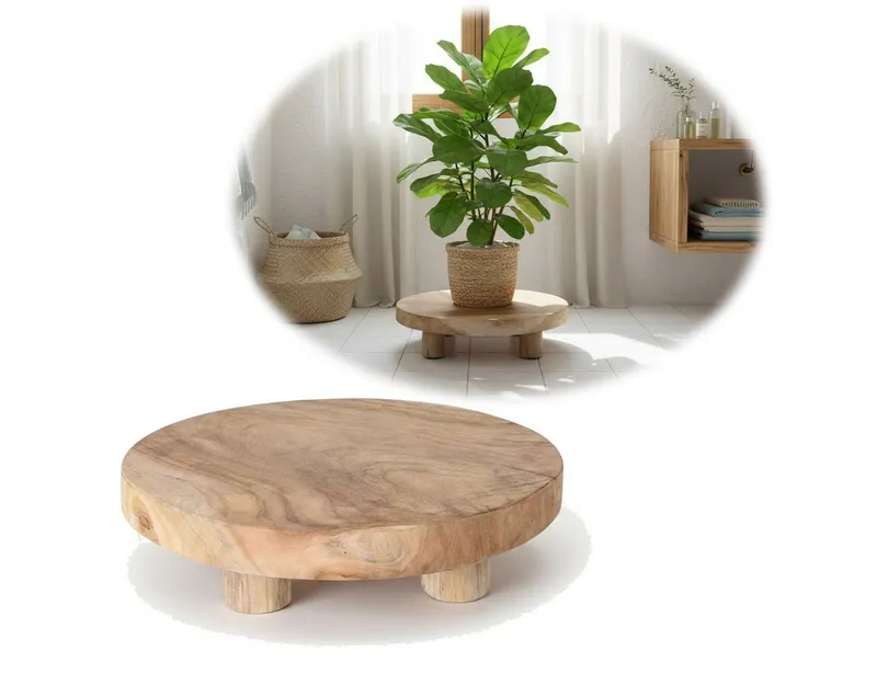 LS-LebenStil Blumenständer Pflanzenhocker Teak Holz XL 30x8cm Rund Mini Tisch Deko Tablett Blumen (Design Deko Hocker Teak Holz 18x15cm Mini Tisch rustikales Tischchen, 1 St., Braun 4 Füße kleiner Pflanzenständer Pflanzentisch Holzhocker Deko), FSC zertifiziert, Braun, – Produktbild 2 von 5