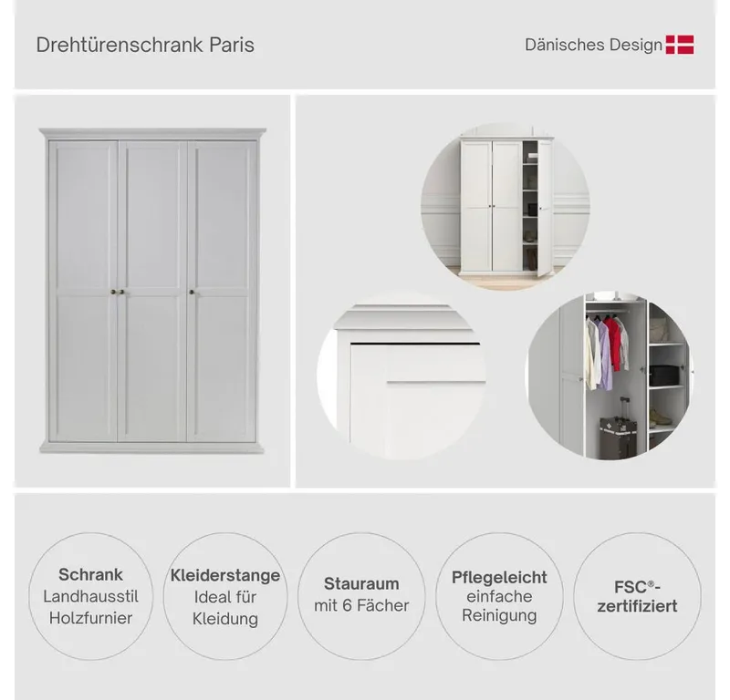Home affaire Drehtürenschrank Paris im Landhaus-Stil aus schönem Holzfurnier, Höhe 200,5 cm (4 türig), Weiß, – Produktbild 3 von 5