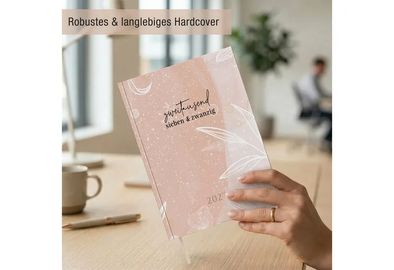 TOBJA Buchkalender Buchkalender 2027 Wochenplaner rosa Aquarell OptiPlaner Rosé FSC, Aquarell-Design altrosa, 30-Min-Taktung, 18,5x26 cm, FSC, 4-sprachig – Produktbild 4 von 4