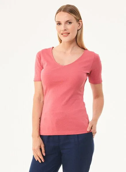 ORGANICATION ORGANICATION Geripptes T-Shirt aus Bio-Baumwolle mit V-Ausschnitt, Rose(desert rose), – Produktbild 2 von 4