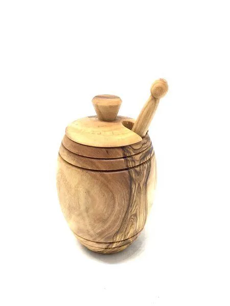 Olivenholz erleben Olivenholz erleben Honigtopf aus Olivenholz plus Honiglöffel 14 cm – Produktbild 1 von 4