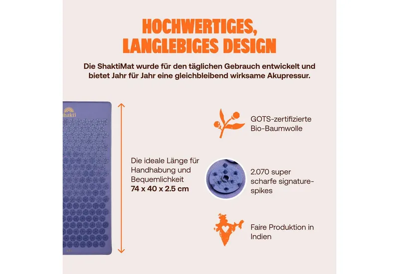 Shakti Mat Akupressurmatte Super Intense Akupressurmatte - Faire Produktion, Bio-Baumwolle (Mit Matte), Ethische Handarbeit, GOTS-zertifizierte Bio-Baumwolle, Lila, – Produktbild 4 von 5