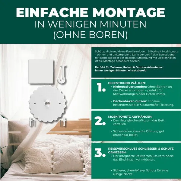 Silberkraft Silberkraft Moskitonetz mit Klebehaken fürs Bett, Reisen, Outdoor und Camping – Produktbild 4 von 4