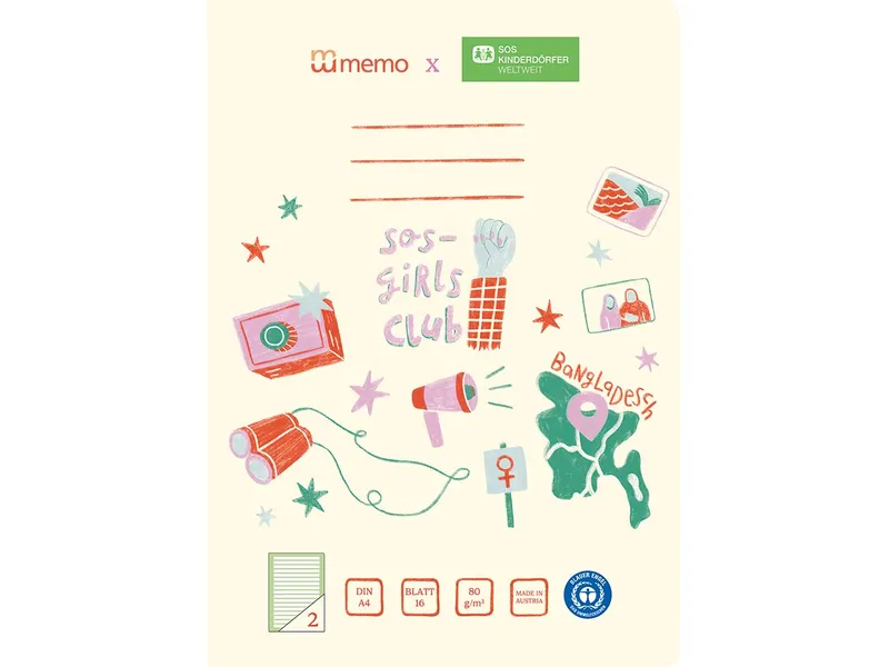 Memo memo x SOS-Kinderdörfer weltweit Schulheft DIN A4, 16 Blatt, Lin. 2, Kontrastlineatur – Produktbild 1 von 1