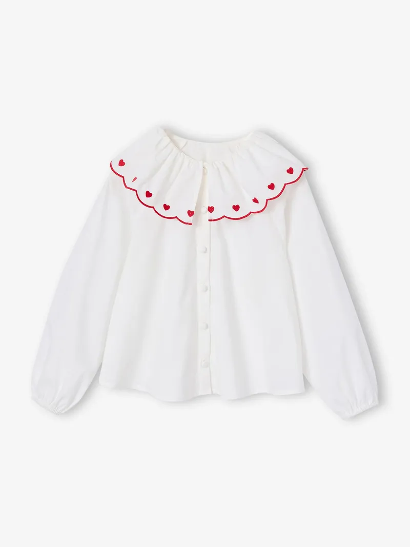 Vertbaudet Vertbaudet Festliche Bluse mit großem Volantkragen Herz-Stickerei Mädchen, Wollweiß, – Produktbild 3 von 4