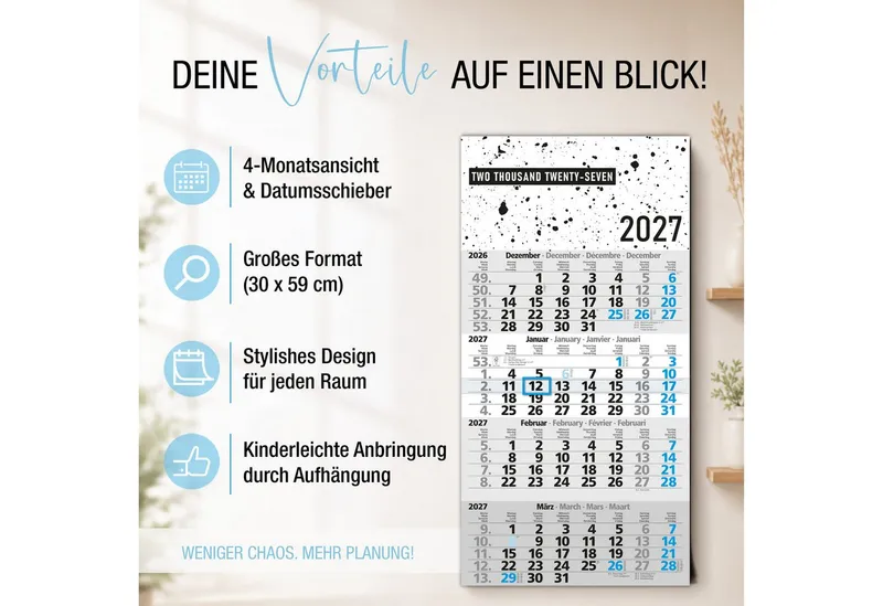 TOBJA Wandkalender 4 Monatskalender 2027 Design Splatter blauer Schieber 30x59 FSC, Design Splatter, blauer Datumsschieber, 4-sprachig, FSC, 30x59 cm – Produktbild 2 von 5
