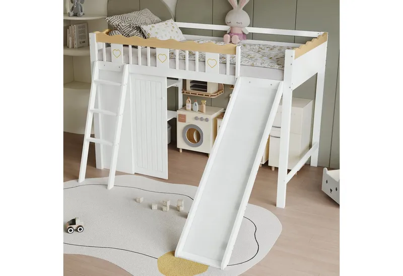 Merax Hochbett mit vierseitigem Muster-Zaun (Etagenbett Jugendbett Einzelbett Kieferholzbett, 1-St) Kinderbett 90x200cm mit Kleiderschrank Rutsche Ablageschrank Leiter, Weiß, – Produktbild 2 von 4