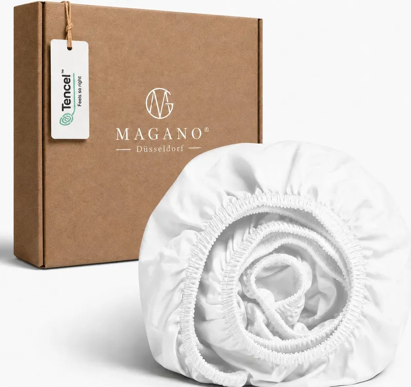 MAGANO Spannbettlaken, Luxus 100% TENCEL ™ Lyocell, Bettlaken, Gummizug: rundum, 400 TC Fadendichte, Hypoallergen, Thermoregulierend, Weiß, – Produktbild 1 von 5