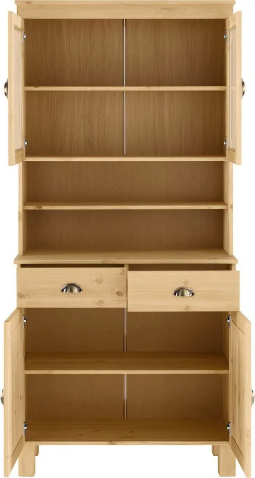 Home affaire Küchenbuffet Oslo 85 cm breit, aus massiver Kiefer, mit 2 Glastüren, Metallgriffe, Beige, – Produktbild 4 von 5