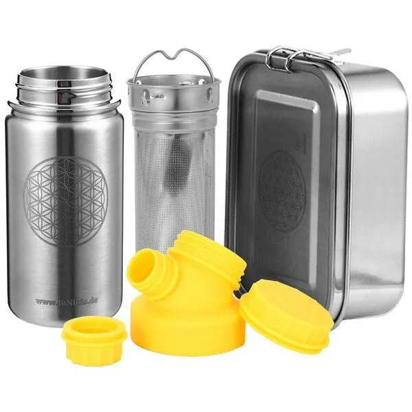 JN JuNiki's JN JuNiki's Einschulungs-Set "Blume des Lebens": Lunchbox + Edelstahltrinkflasche + Teefilter, Gelb, – Produktbild 1 von 4