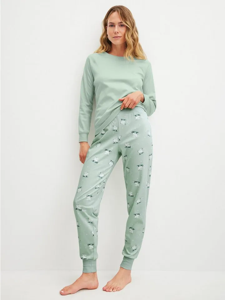 CALIDA CALIDA Pyjamahose Favourites Cats Damen (1-tlg) weiche Heavy-Interlock-Qualität und angenehm wärmend, Grün, – Produktbild 4 von 5