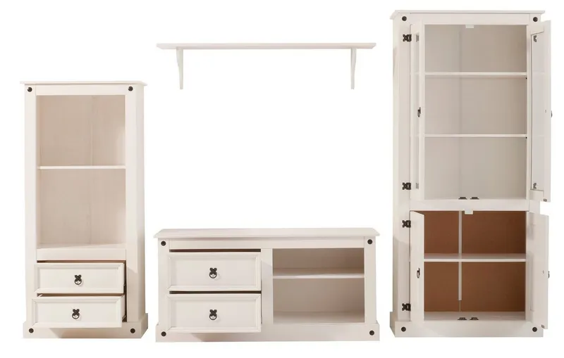 OTTO home Wohnwand Mexiko Vitrine, Regal und TV-Board mit Metallgriffen, (Set, 3-St), bestehend aus 1 Vitrine, 1 Lowboard und 1 Regal, ohne Wandboard, Weiß, – Produktbild 4 von 5