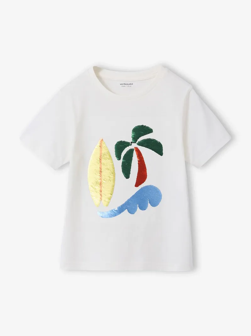 Vertbaudet Jungen T-Shirt mit Wende-Pailletten, Wollweiß, – Produktbild 3 von 3