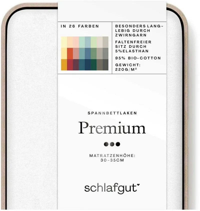 Schlafgut Schlafgut Spannbettlaken PREMIUM Mako-Zwirn-Jersey, 220 g/m², 95% Bio-Baumwolle, 5% Elasthan, Mako-Zwirn-Jersey, Gummizug: rundum, (1 Stück), Bettlaken bis 30 cm Höhe, PREMIUM-Qualität langlebig, perfekter Sitz, Weiß, – Produktbild 3 von 5