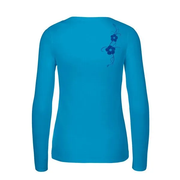 HANDGEDRUCKT HANDGEDRUCKT "Hibisken" Frauen Longsleeve aus reiner Biobaumwolle (kbA), Saphire, – Produktbild 2 von 3