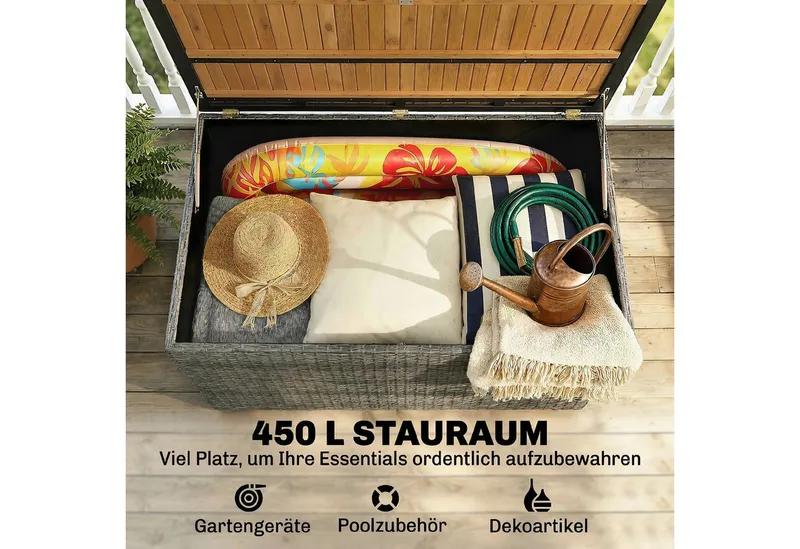 Outsunny Outsunny Gartenbox Polyrattan wasserdicht FSC-Akazienholz-Deckel Kissenbox (Auflagenbox, 1 St., Aufbewahrungsbox), für Garten Balkon Pool Dunkelgrau, Grau, – Produktbild 5 von 5